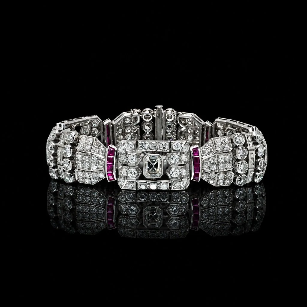 Art Deco Diamond and Pink Sapphire Bracelet, Platinum