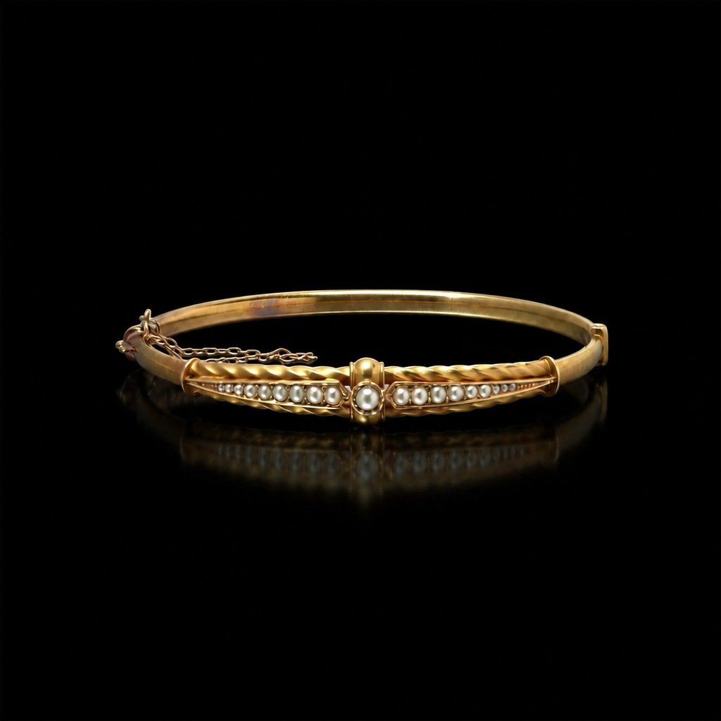 Victorian 15KT Gold Seed Pearl Hinged Bangle, Twisted Rope Panels