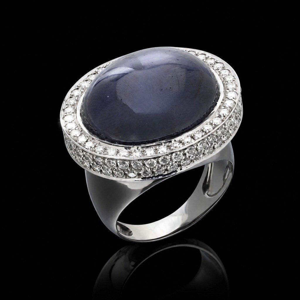 Vintage 23 Carat Sapphire Cabochon and Diamond Dome Ring, 18KT White Gold