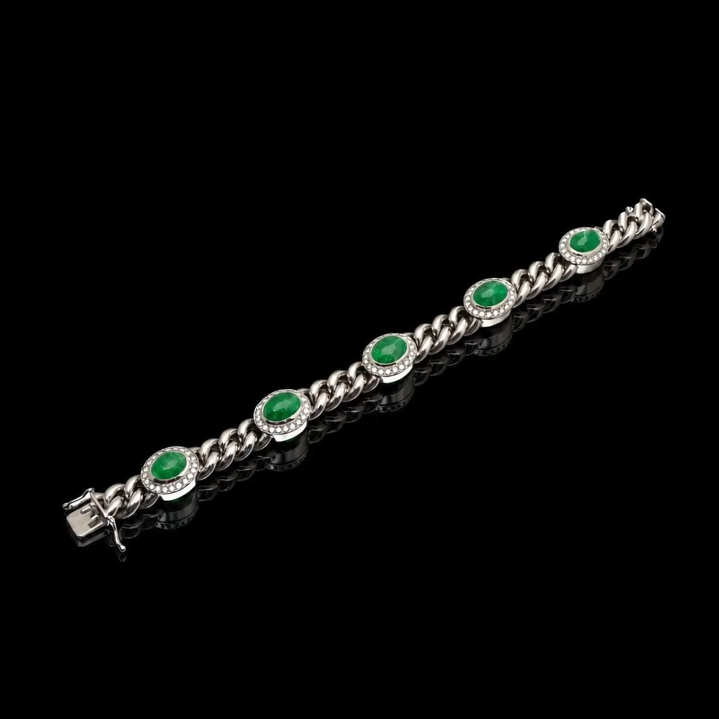 Natural Emerald Cabochon and Diamond Curb Link Bracelet, 18KT White Gold