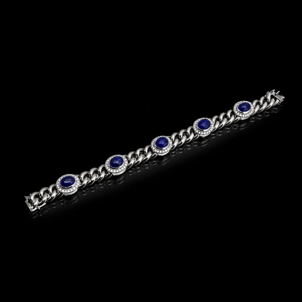 Natural Sapphire Cabochon and Diamond Curb Link Bracelet, 18KT White Gold
