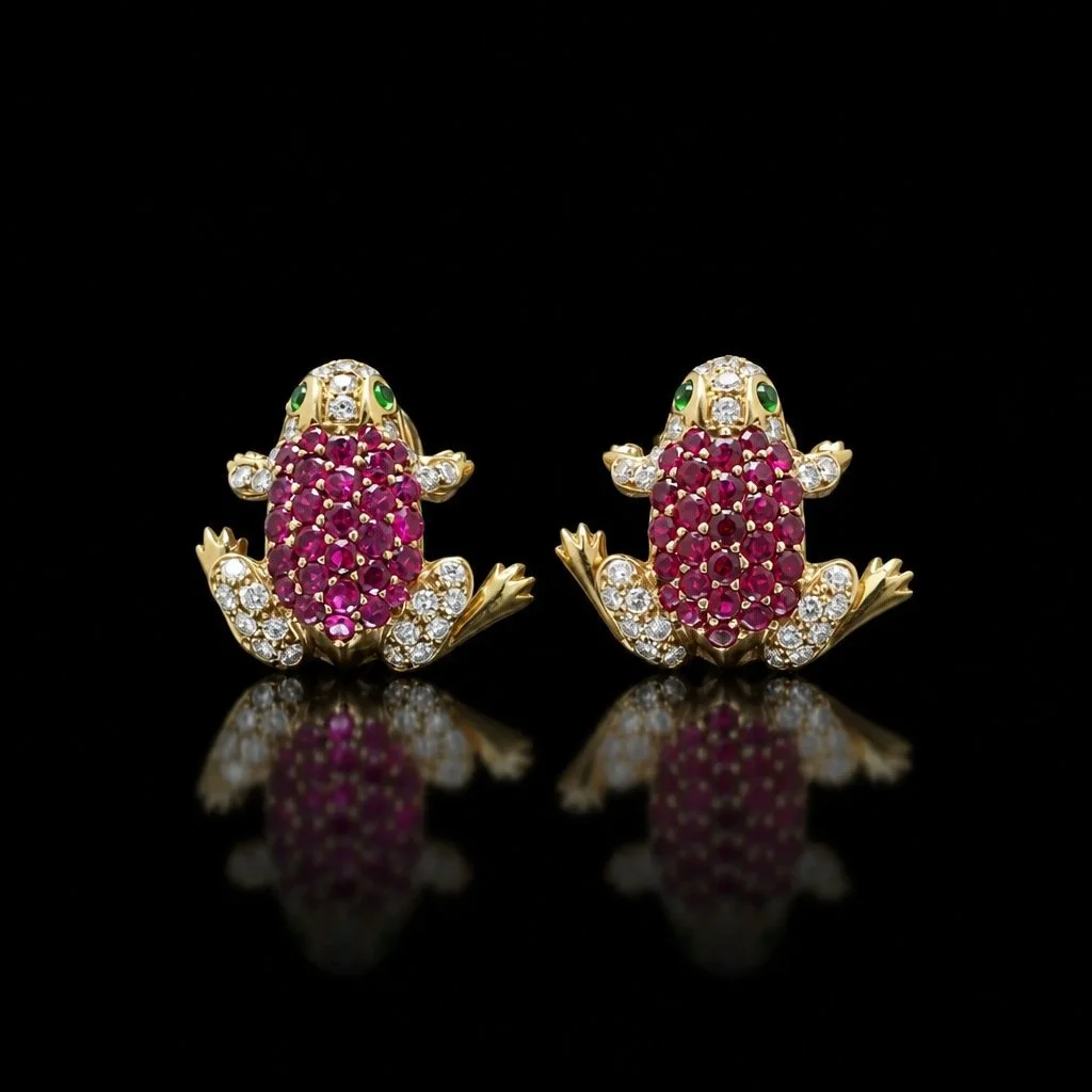 18KT Gold Ruby, Diamond and Emerald Frog Clip Earrings