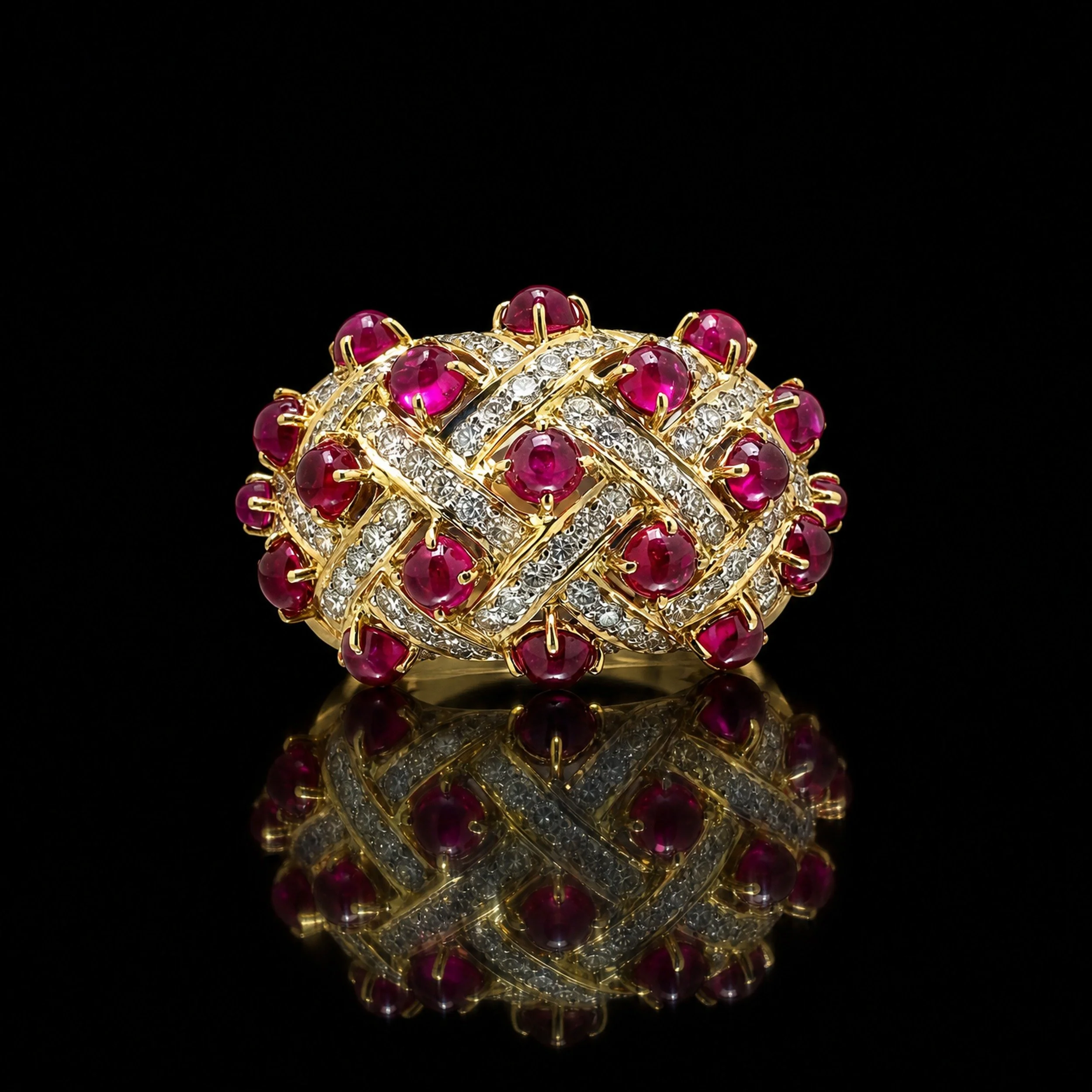 18KT Gold Cabochon Ruby and Diamond Woven Bombé Ring
