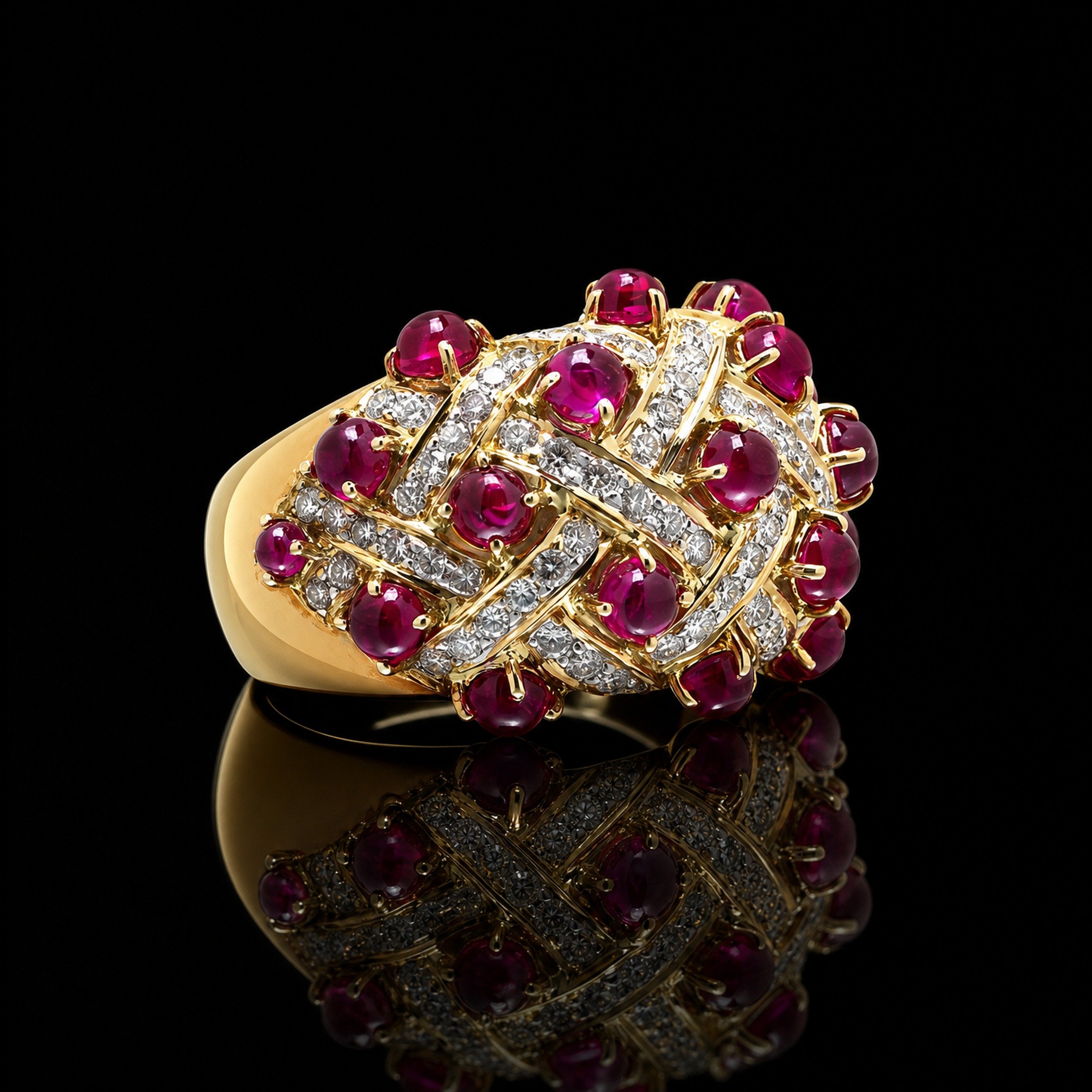 18KT Gold Cabochon Ruby and Diamond Woven Bombé Ring, side view