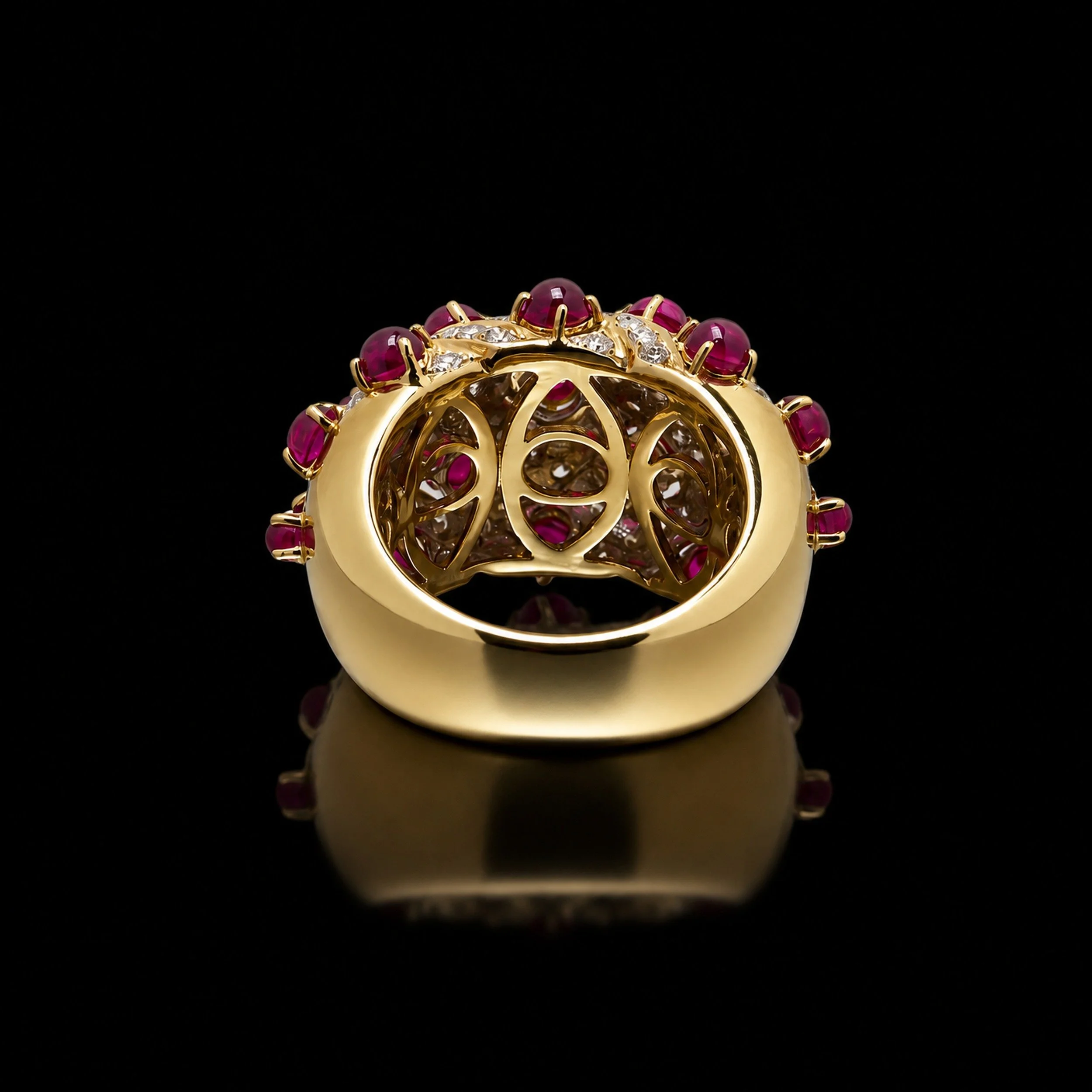 18KT Gold Cabochon Ruby and Diamond Woven Bombé Ring, back of the shank