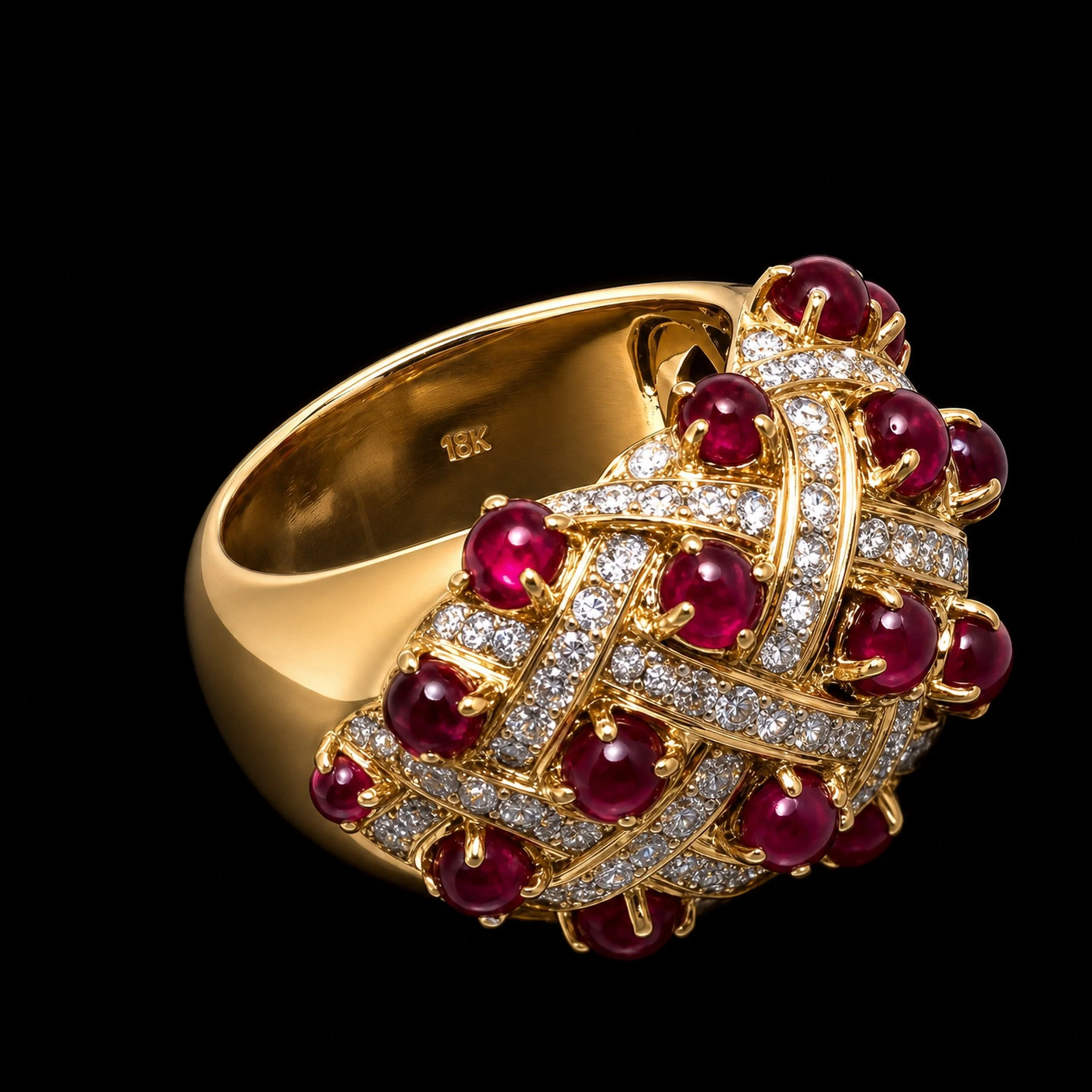 18KT Gold Cabochon Ruby and Diamond Woven Bombé Ring, inside the shank