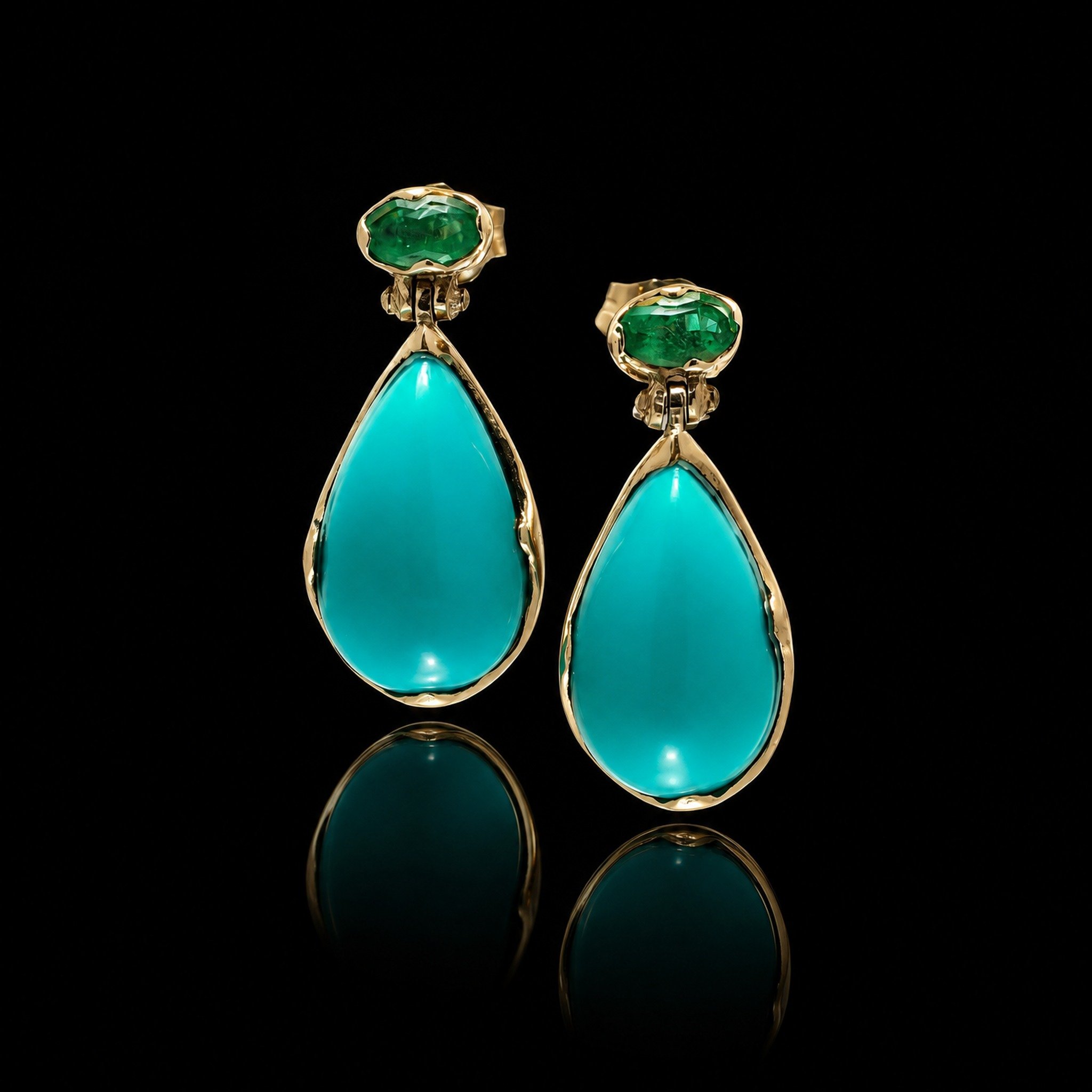 14KT Gold Turquoise and Emerald Drop Earrings
