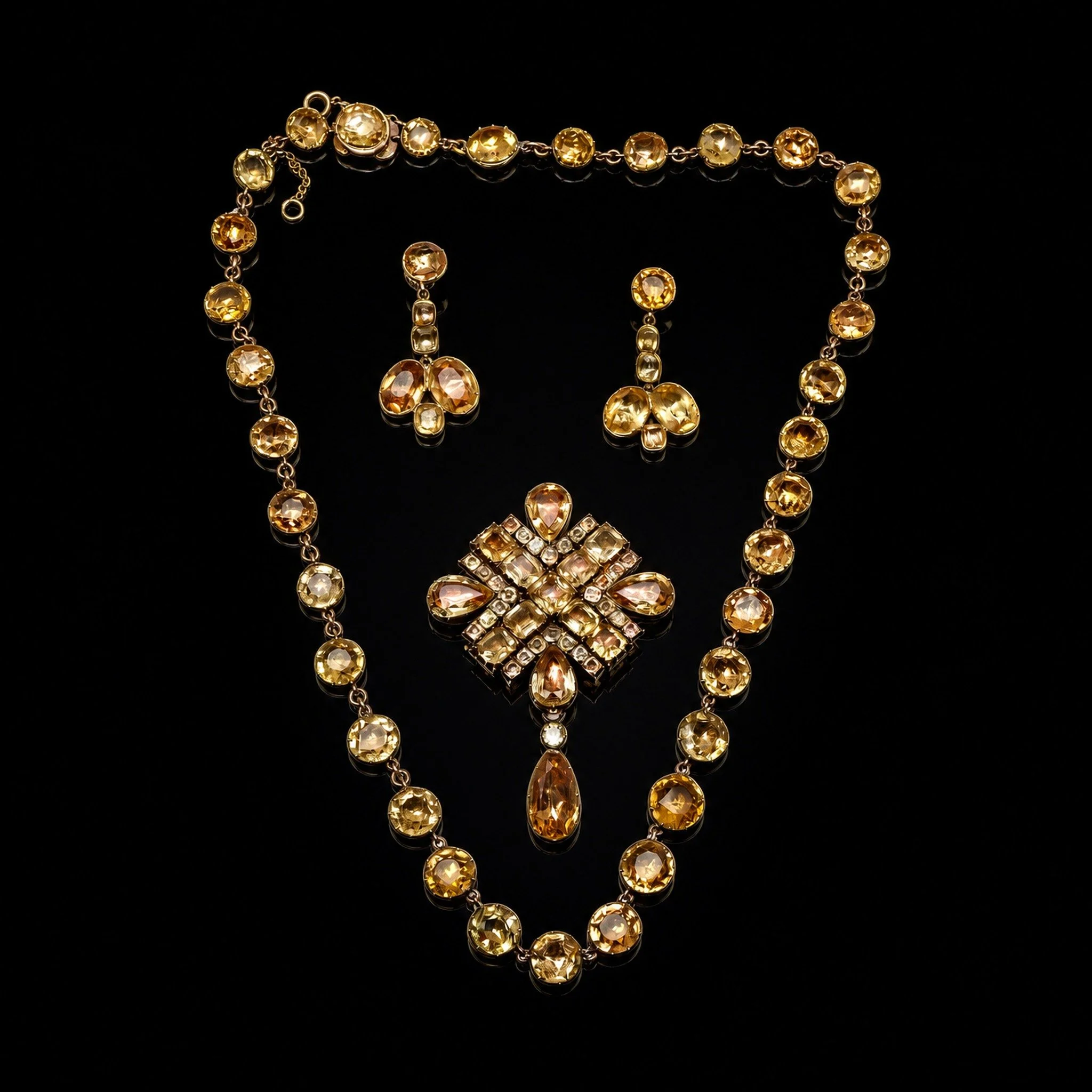 Early Victorian Citrine Parure: Necklace, Earrings and Brooch Pendant, in Original Fitted Case
