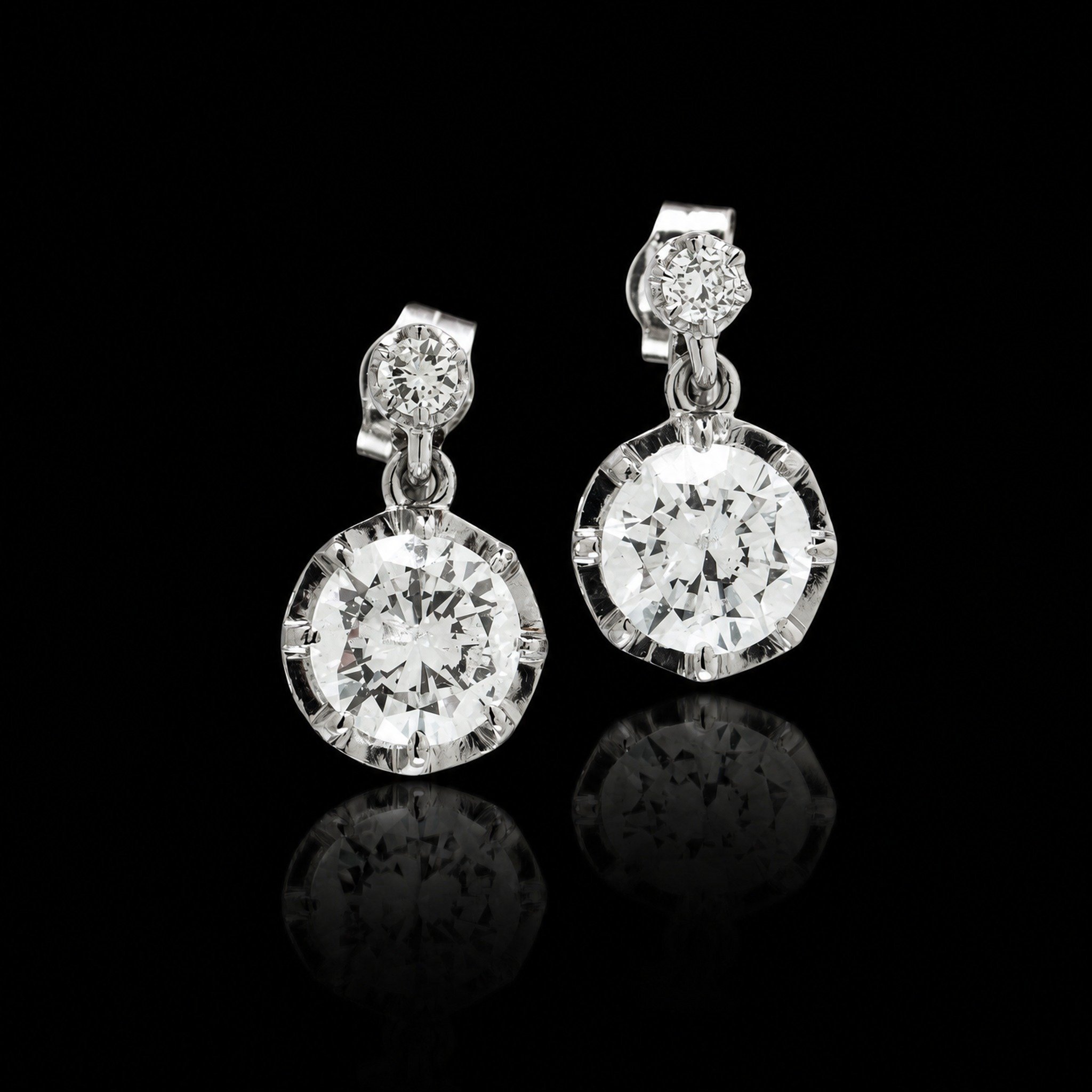 Platinum and 18KT Gold Diamond Drop Earrings, 2.20 ct