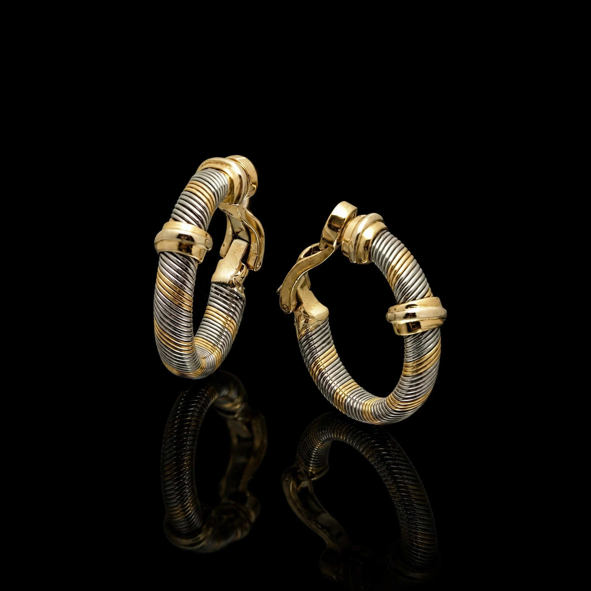 Cartier 18KT Gold and Steel Cable Hoop Clip Earrings, 1980s