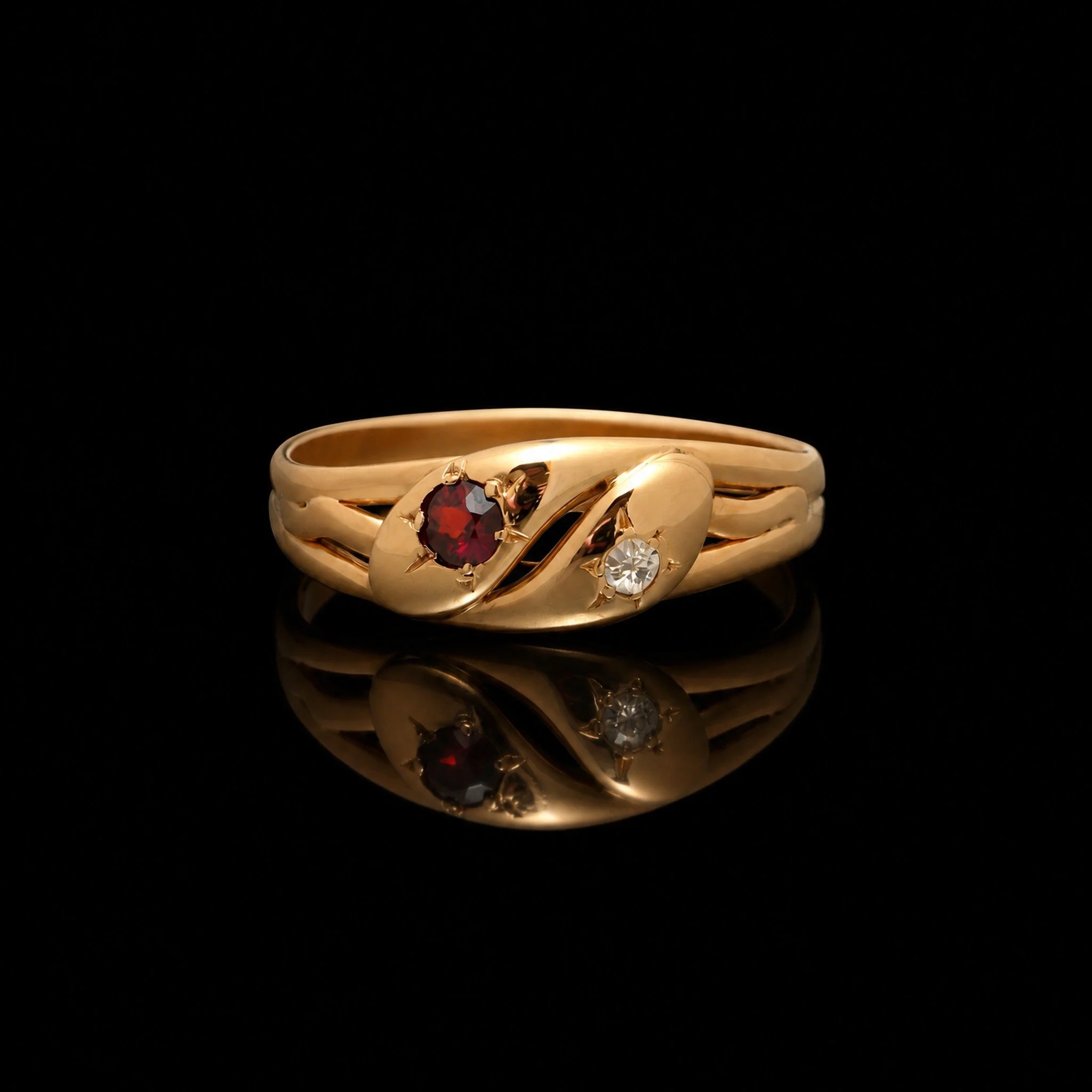 Antique 18KT Gold Garnet and Diamond Twin Head Snake Ring