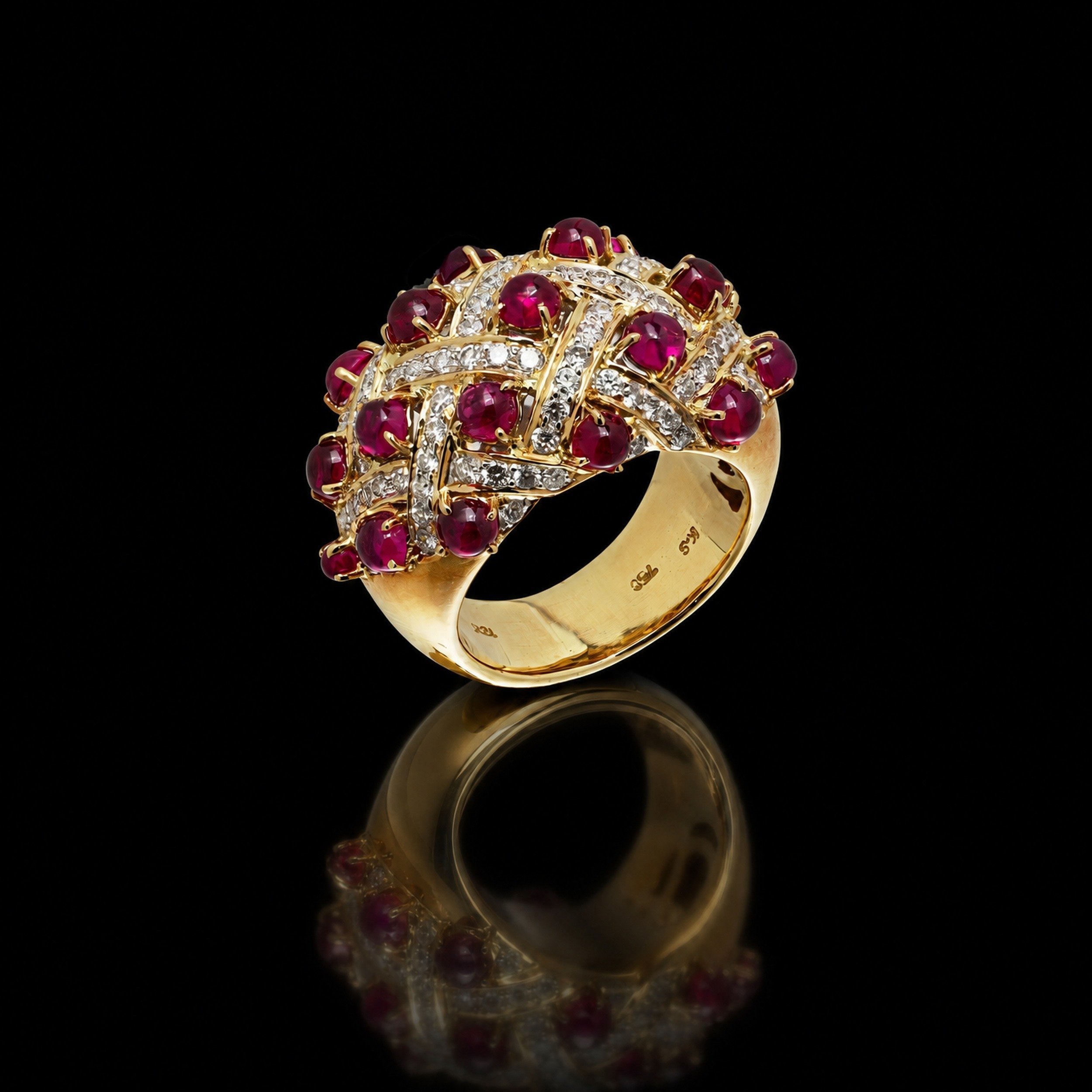 18KT Gold Cabochon Ruby and Diamond Woven Bombé Ring, angled view