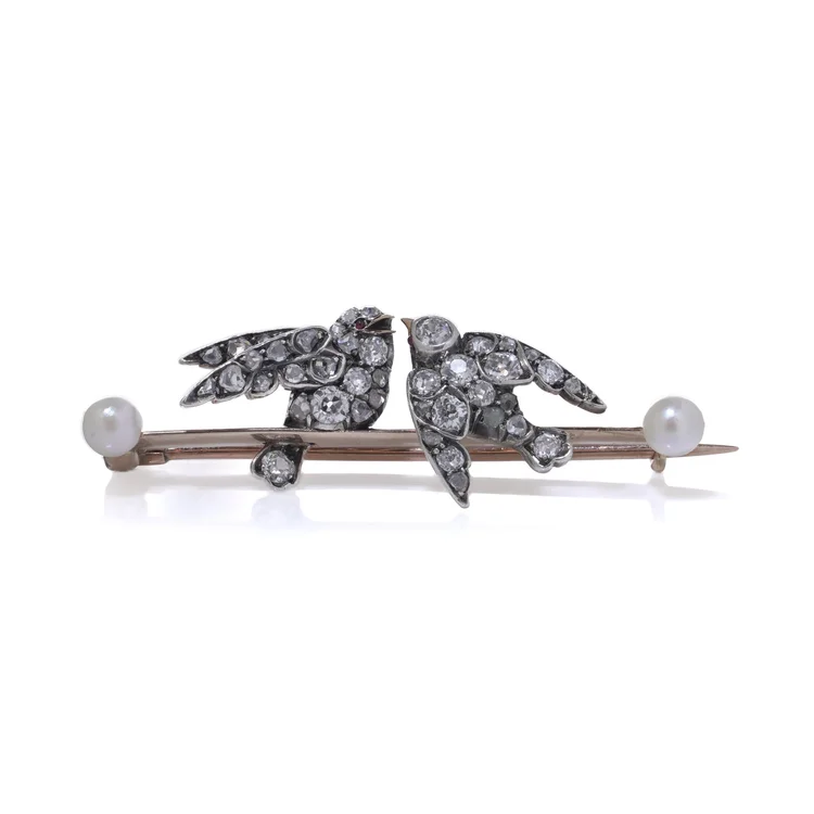 Victorian 9KT Gold and Silver Bird Brooch with Diamonds and Pearls