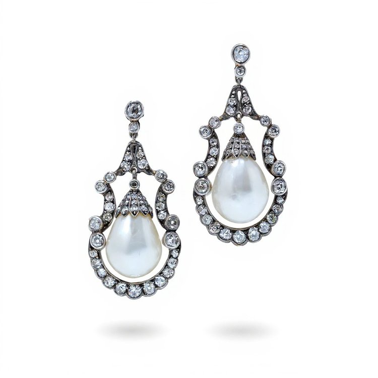 Victorian Natural Pearl and Diamond Drop Earrings