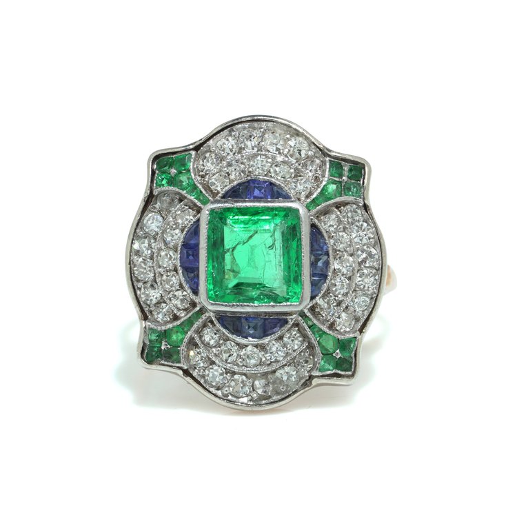 Art Deco 18KT Gold, Platinum, Emerald, Sapphire and Diamond Ring