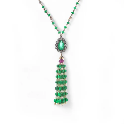 15KT Gold and Silver Emerald, Ruby, Pearl and Diamond Necklace