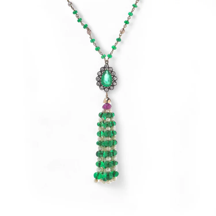 15KT Gold and Silver Emerald, Ruby, Pearl and Diamond Necklace
