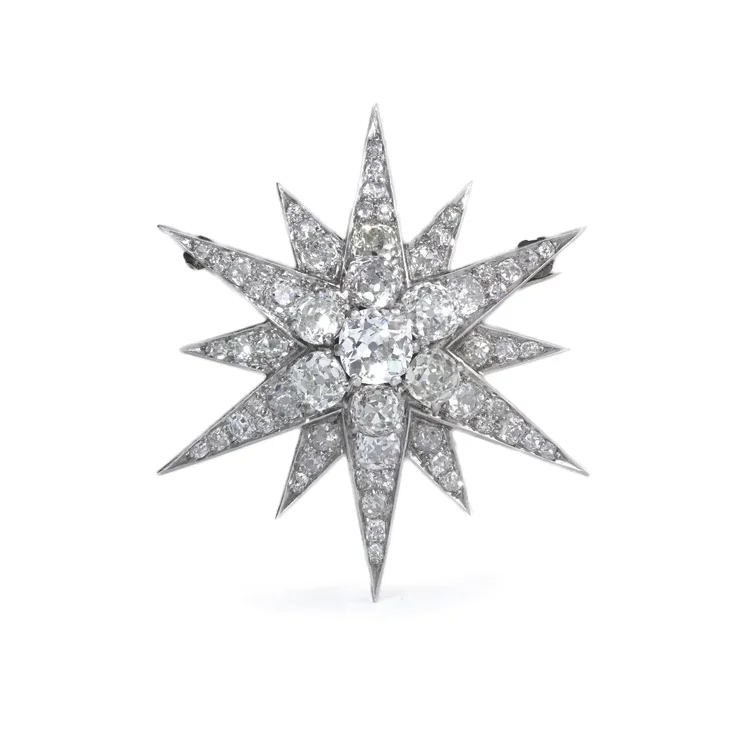 Victorian 9KT Gold & Silver Old Cut Diamond Star Brooch 5 CTs of Diamonds