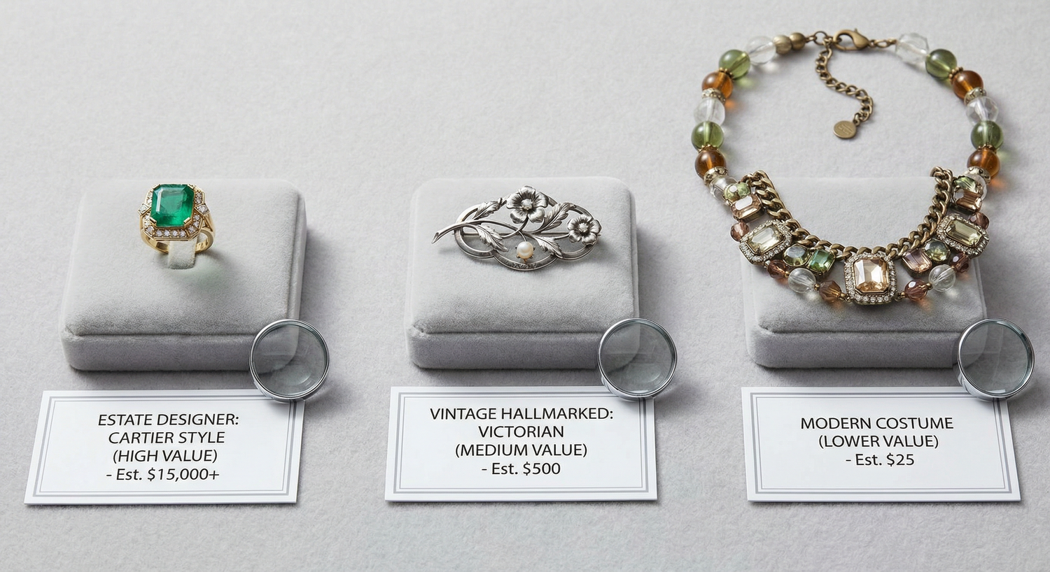 Comparison of three jewellery pieces showing different value tiers: estate designer piece, vintage hallmarked antique, and modern costume jewellery