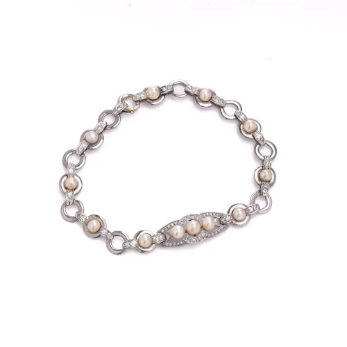 Art Deco 18KT White Gold Diamond and Pearl Bracelet