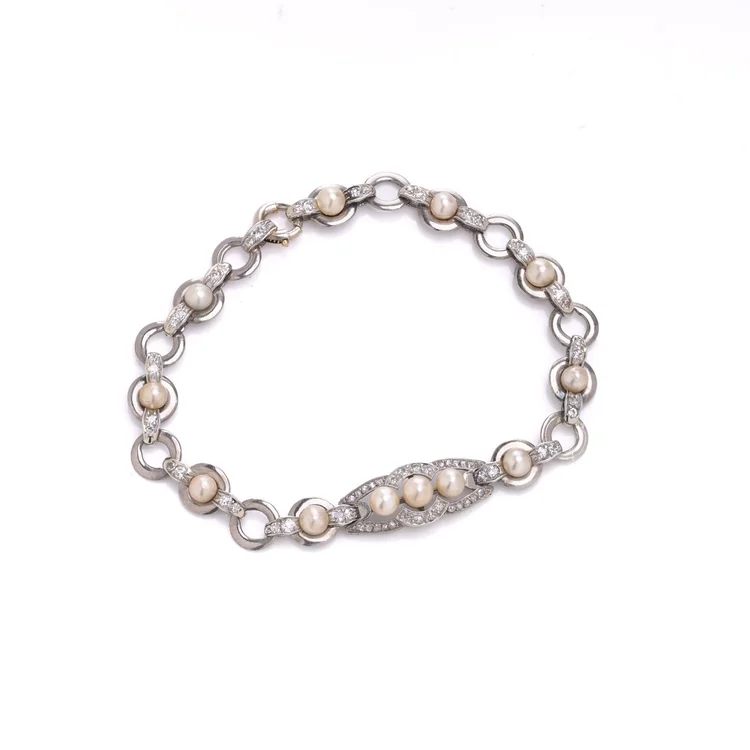 Art Deco 18KT White Gold Diamond and Pearl Bracelet