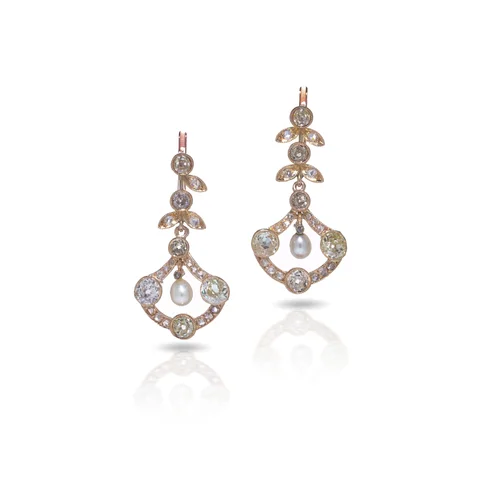 Victorian 18KT Gold Diamond and Pearl Drop Earrings