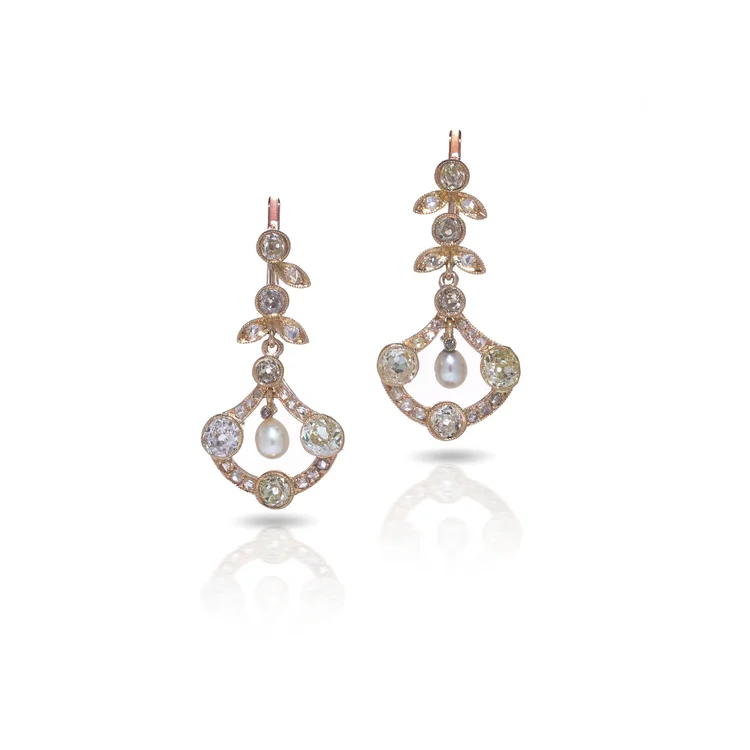 Victorian 18KT Gold Diamond and Pearl Drop Earrings