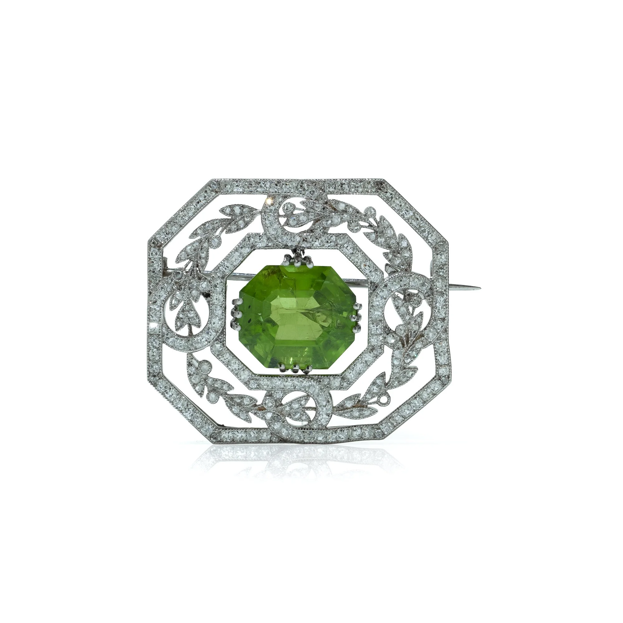 Art Deco Cartier Platinum Diamond and Peridot Brooch