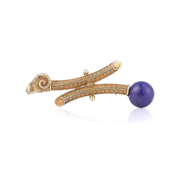 Victorian 18KT Gold Ram’s Head Lapis Lazuli Brooch