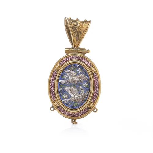 Italian 21KT Gold Micro Mosaic Dove Locket, 19th Century