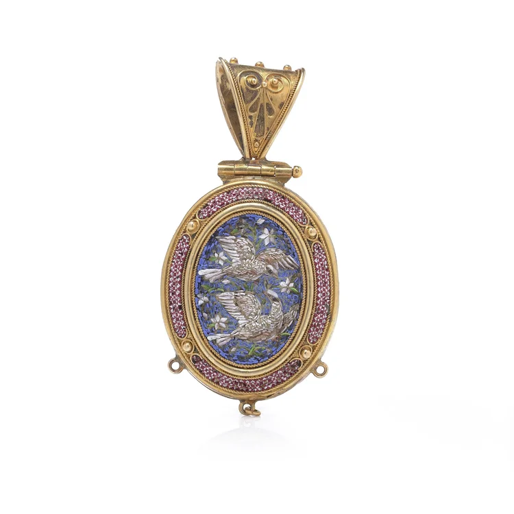 Italian 21KT Gold Micro Mosaic Dove Locket, 19th Century
