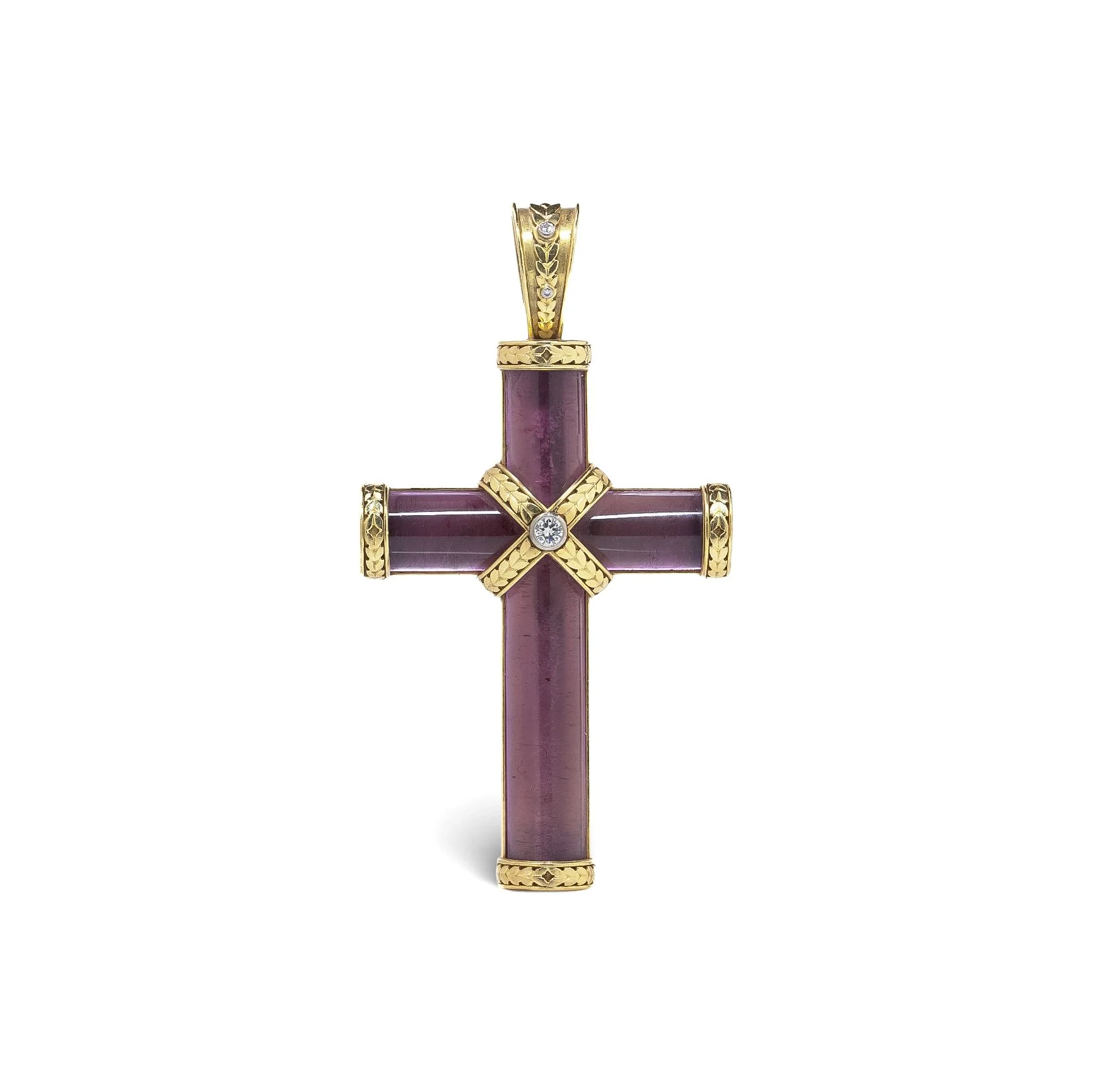 SOLD - Theo Fennell 18KT Yellow Gold Amethyst & Diamond Cross Pendant