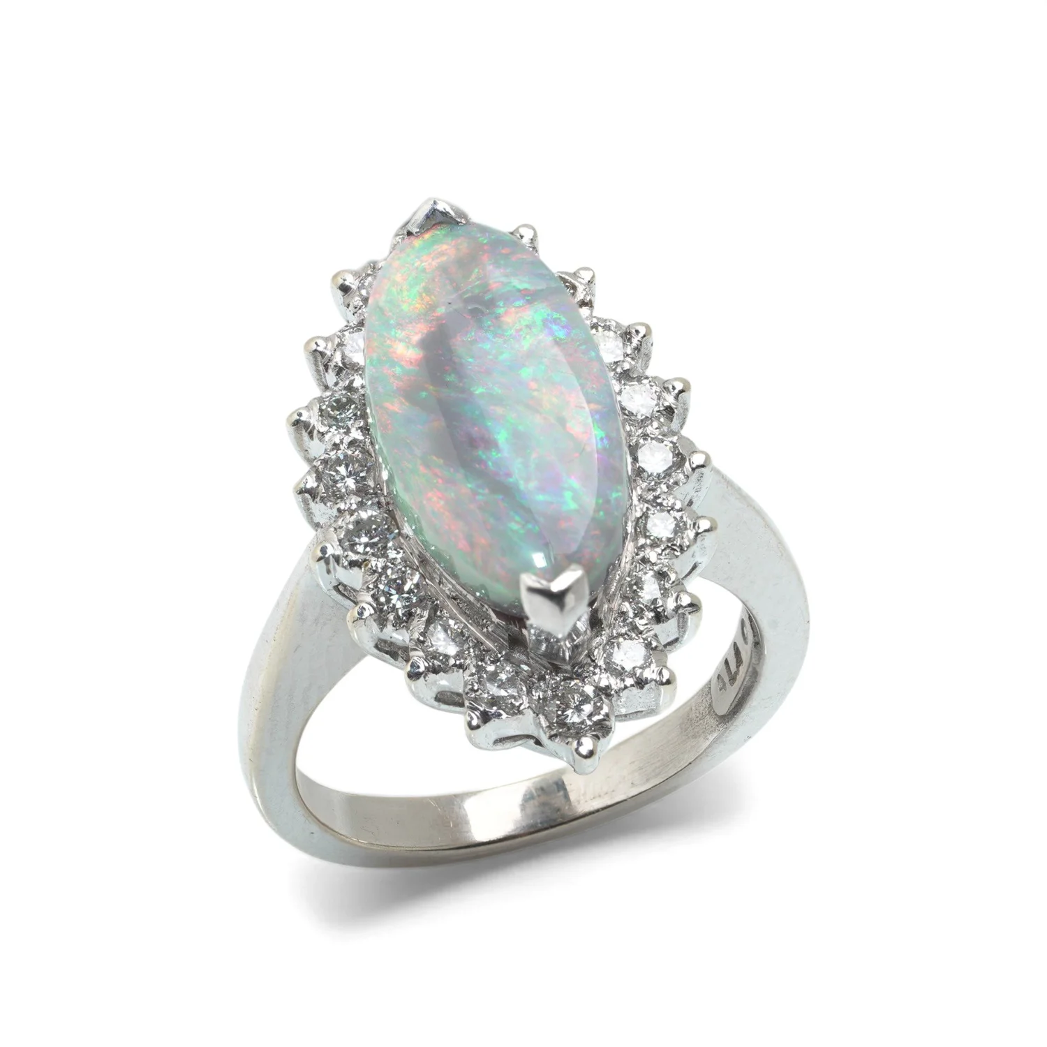 Vintage 14KT white gold opal and diamond cluster ring