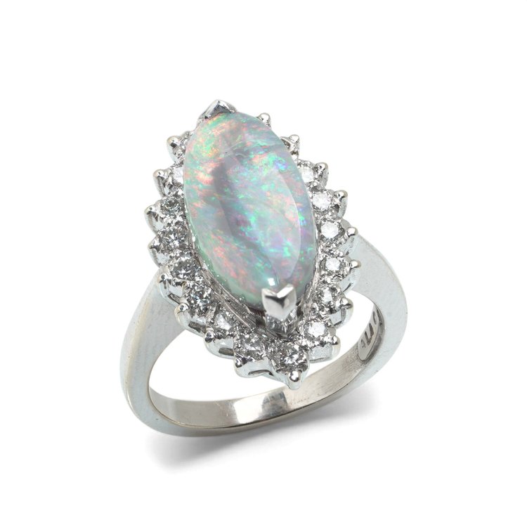 Vintage 14KT White Gold Opal and Diamond Cluster Ring