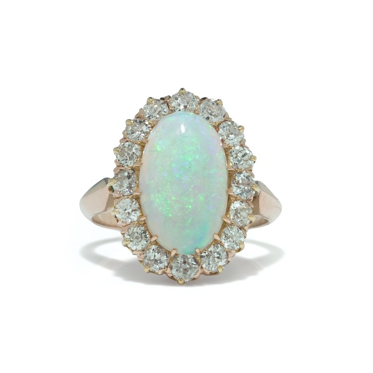 Victorian Natural Opal and Diamond Cluster Ring