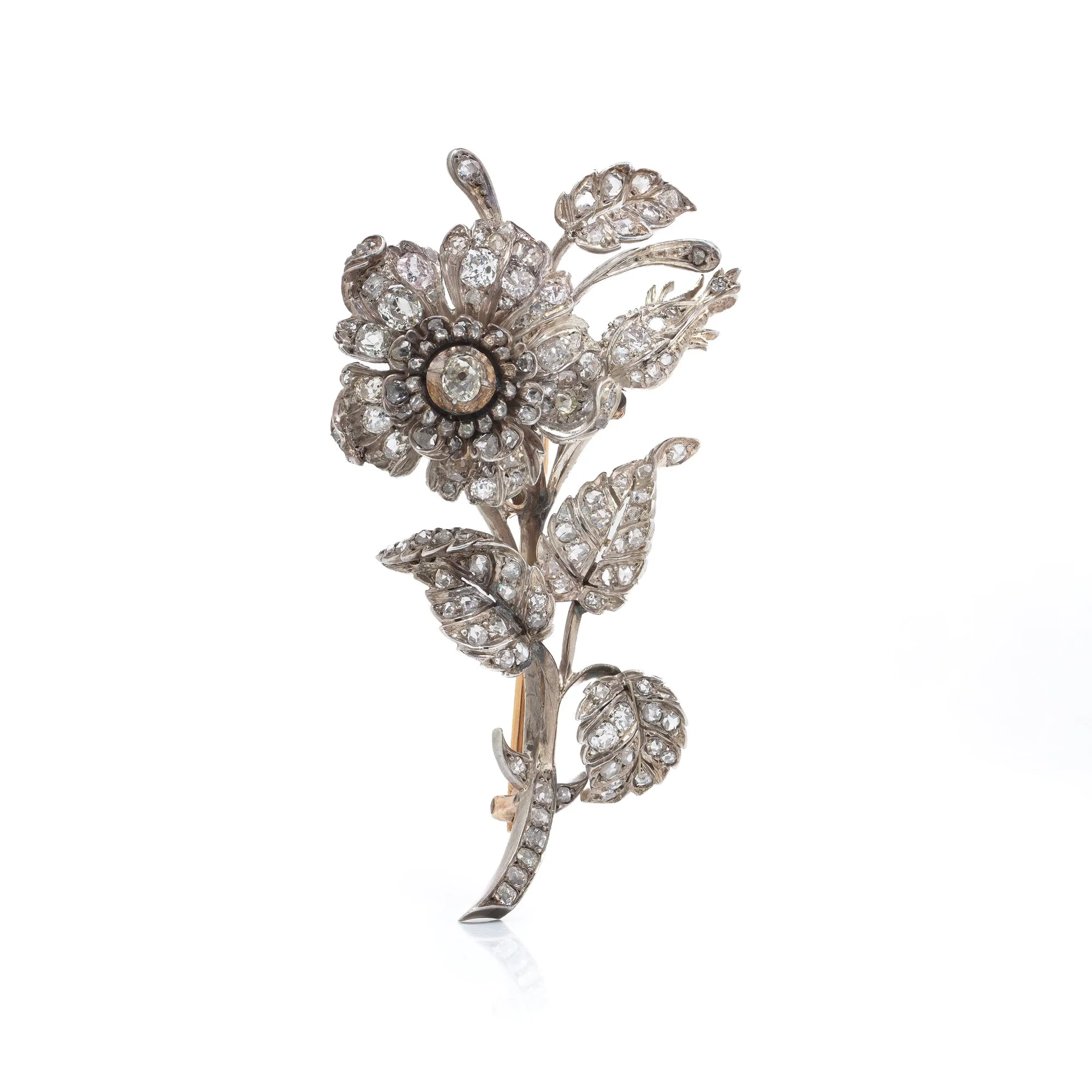 Victorian Gold & Silver Diamond En Tremblant Flower Brooch