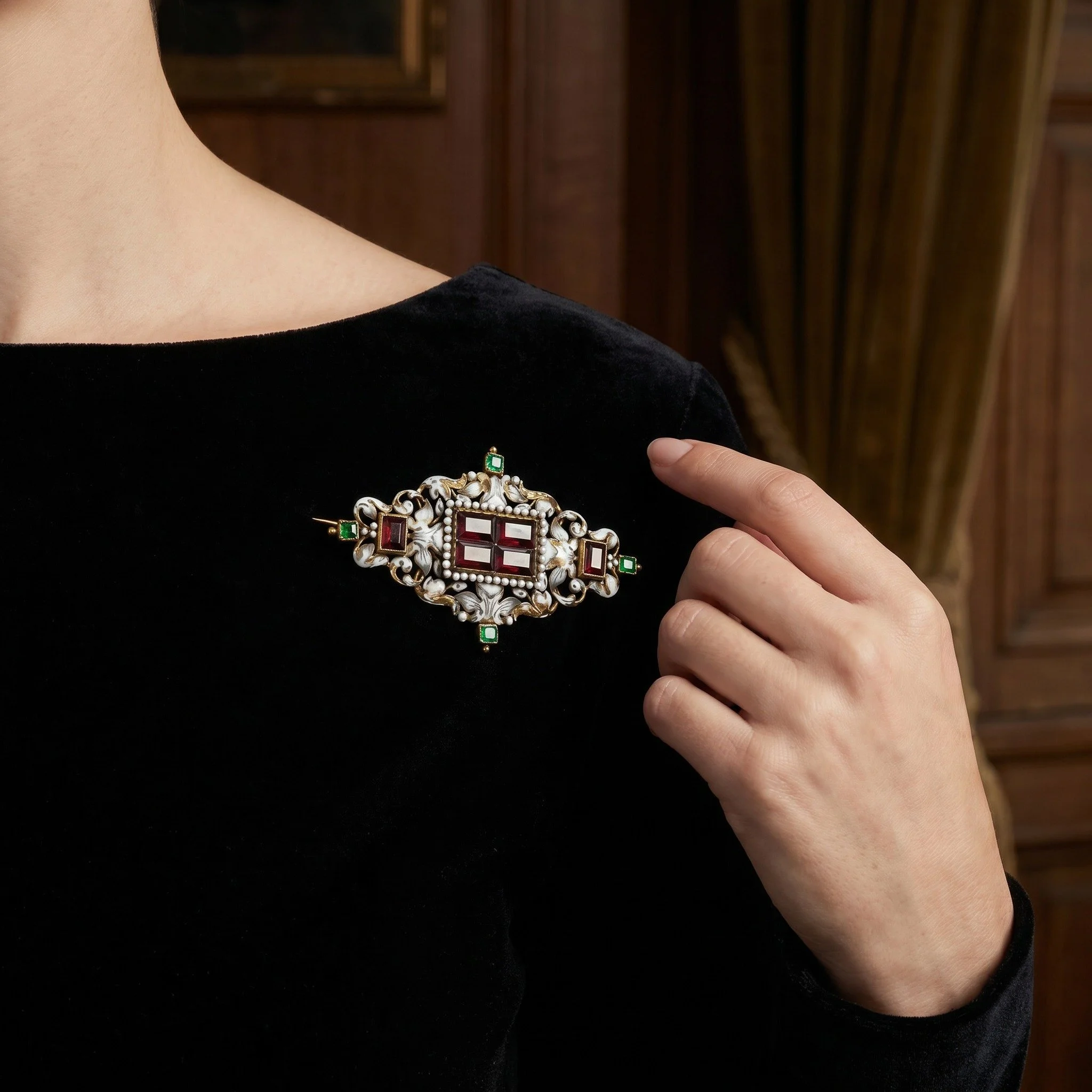 French Enamel, Garnet and Emerald Brooch  Pendant.jpg