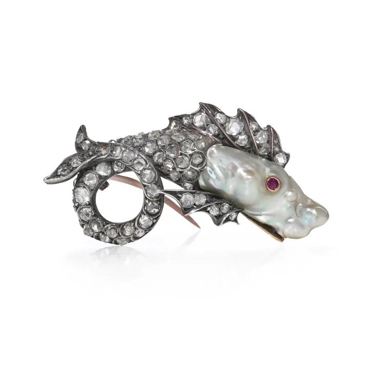 Victorian 9KT Gold & Silver Natural Pearl, Ruby & Rose-Cut Diamond Fish Brooch c.1870s