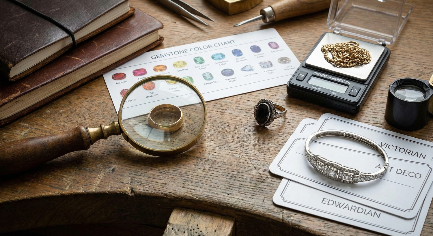 Diagram showing the 7 key factors that determine antique jewellery value: hallmarks, gemstones, era, brand, condition, weight, and provenance