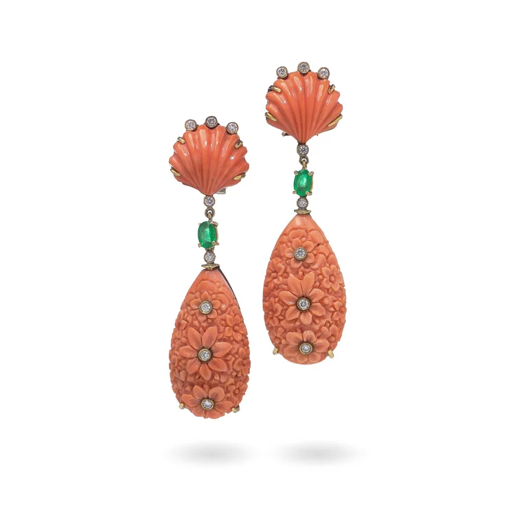 F. Moroni 18KT Gold Carved Coral, Emerald and Diamond Earrings