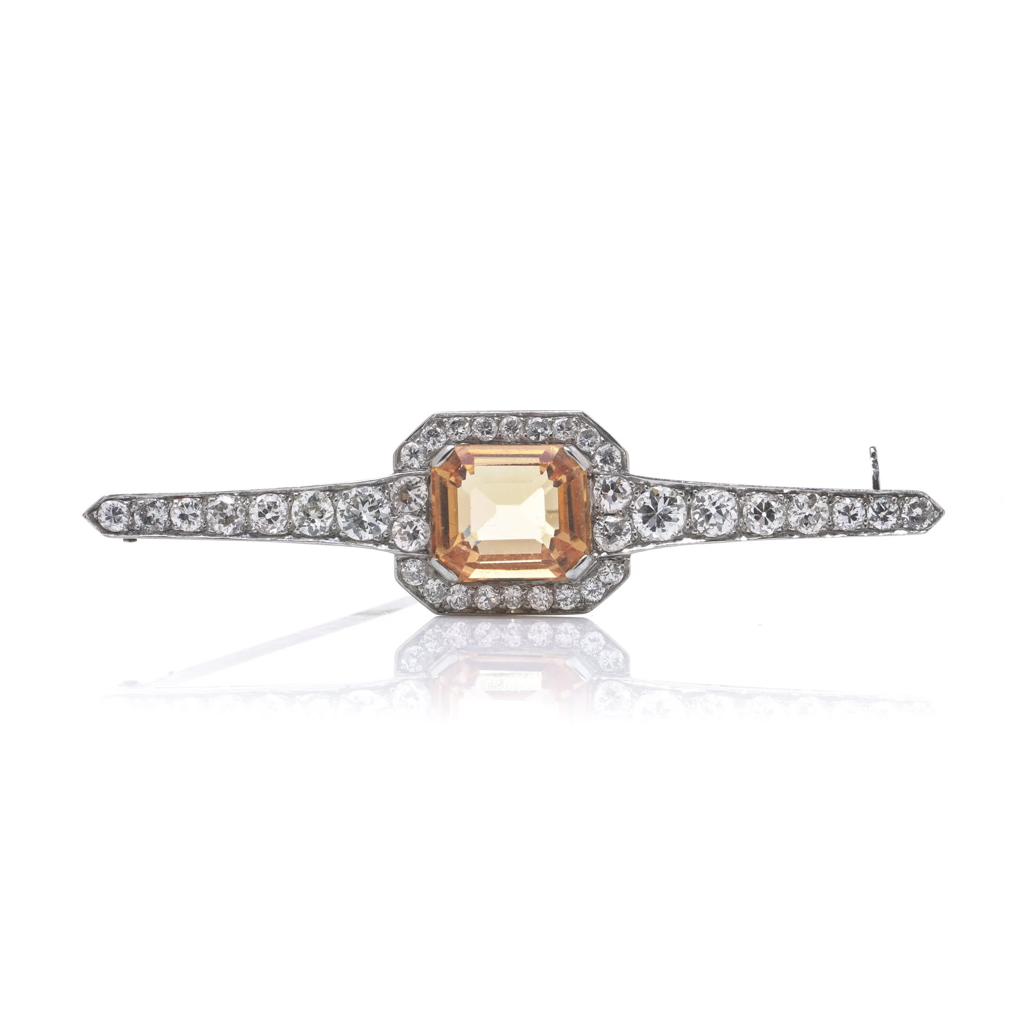 Vintage 1970s 18KT White Gold Topaz and Diamond Bar Brooch