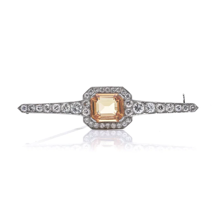 Vintage 1970s 18KT White Gold Topaz and Diamond Bar Brooch