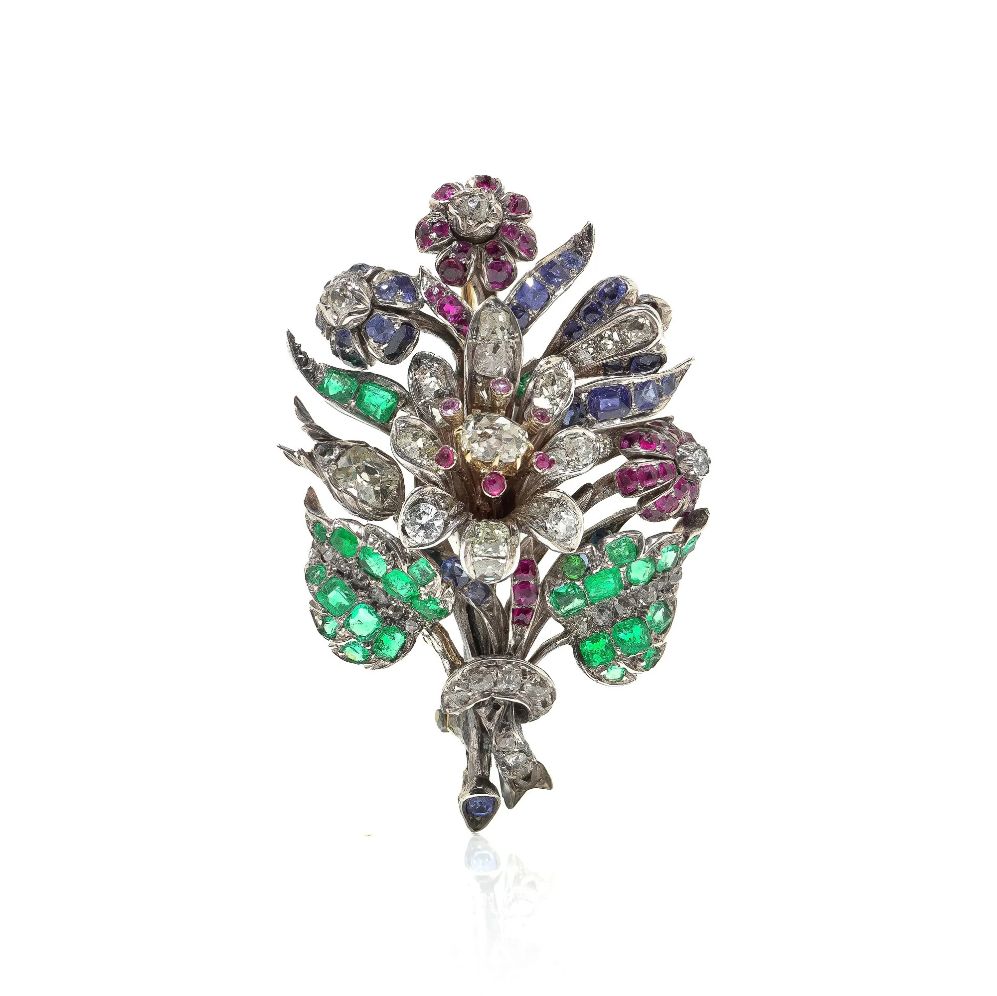 Victorian 9KT Gold and Silver Emerald, Ruby, Sapphire and Diamond Floral Brooch