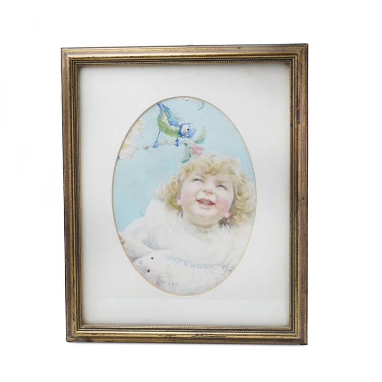 Antique Watercolour Portrait of a Laughing Child with Blue Tit Bird