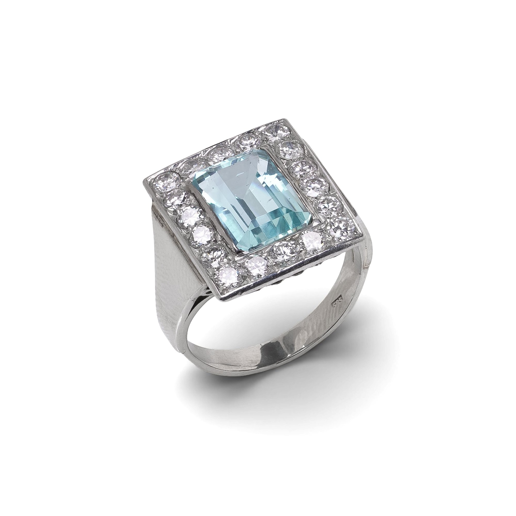 14KT White Gold Aquamarine & Diamond Cluster Ring