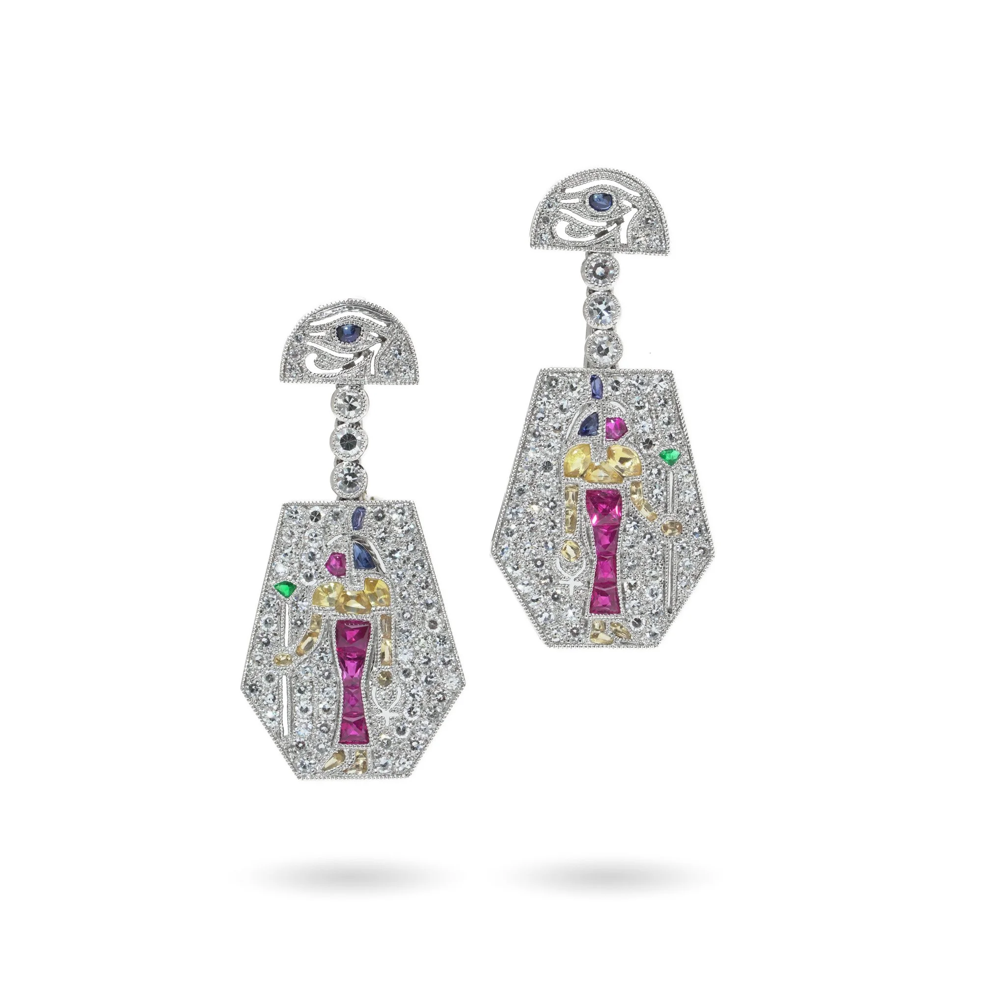 Art Deco Style Platinum Gem-Set Eye of Horus Earrings