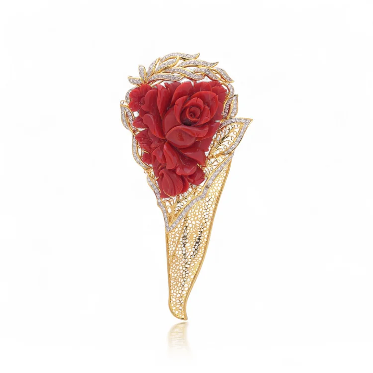 18KT Gold Vintage Coral and Diamond Brooch