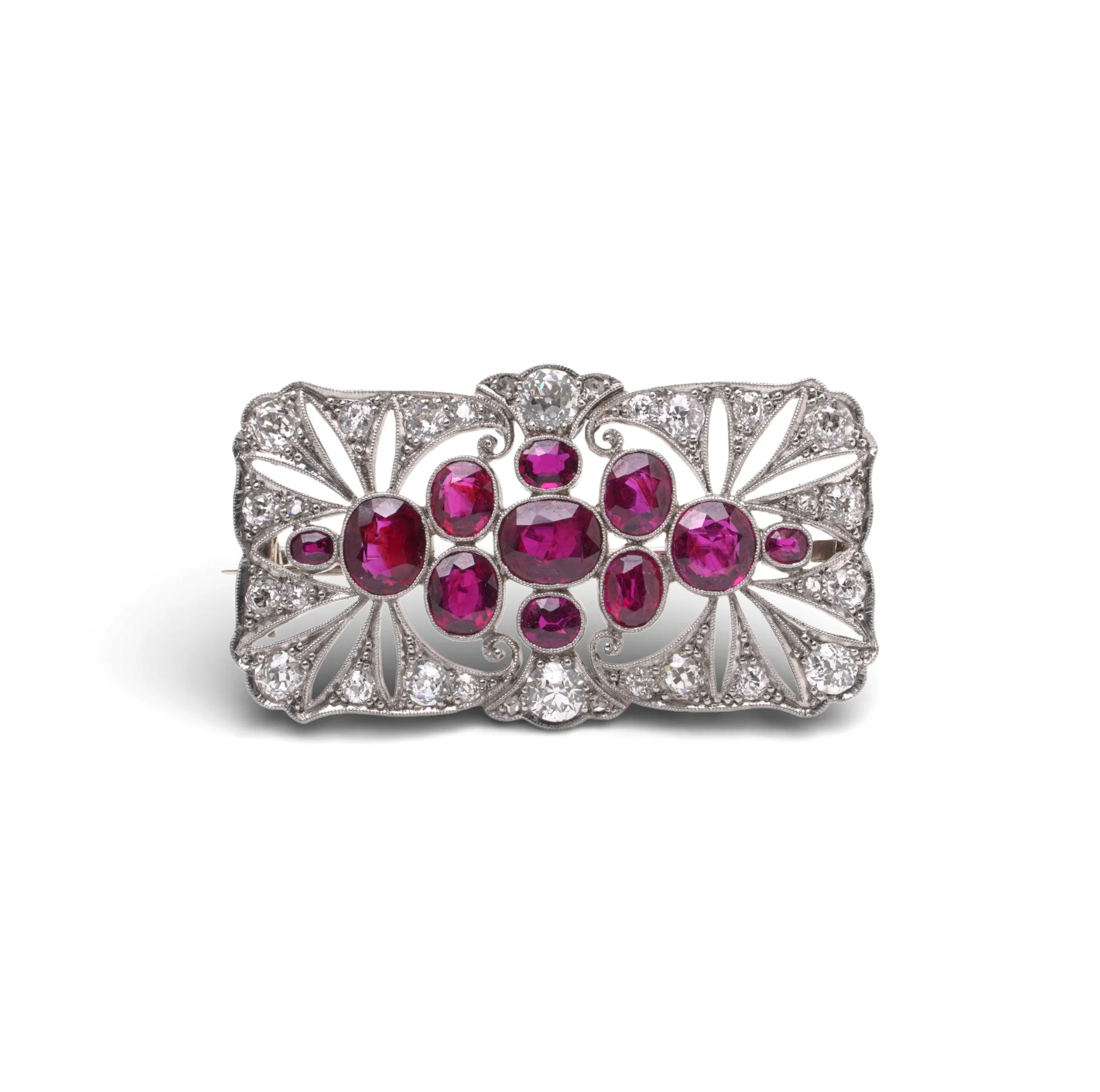 Art Deco Burmese Ruby & Diamond Brooch in 18KT White Gold