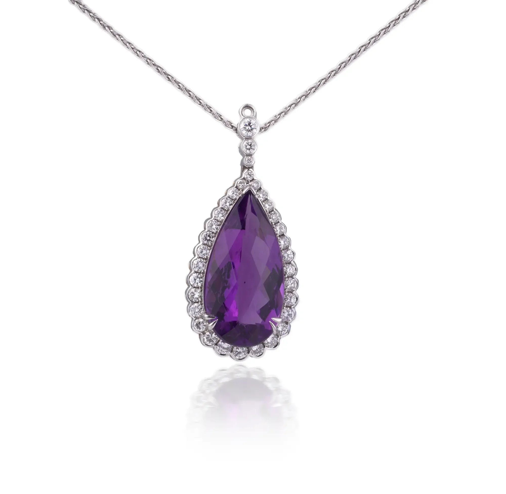 Vintage 18KT White Gold Amethyst and Diamond Pendant Necklace