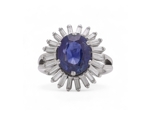 Art Deco style 18KT White Gold 2.30 ct. Sapphire and Diamond Cluster Ring
